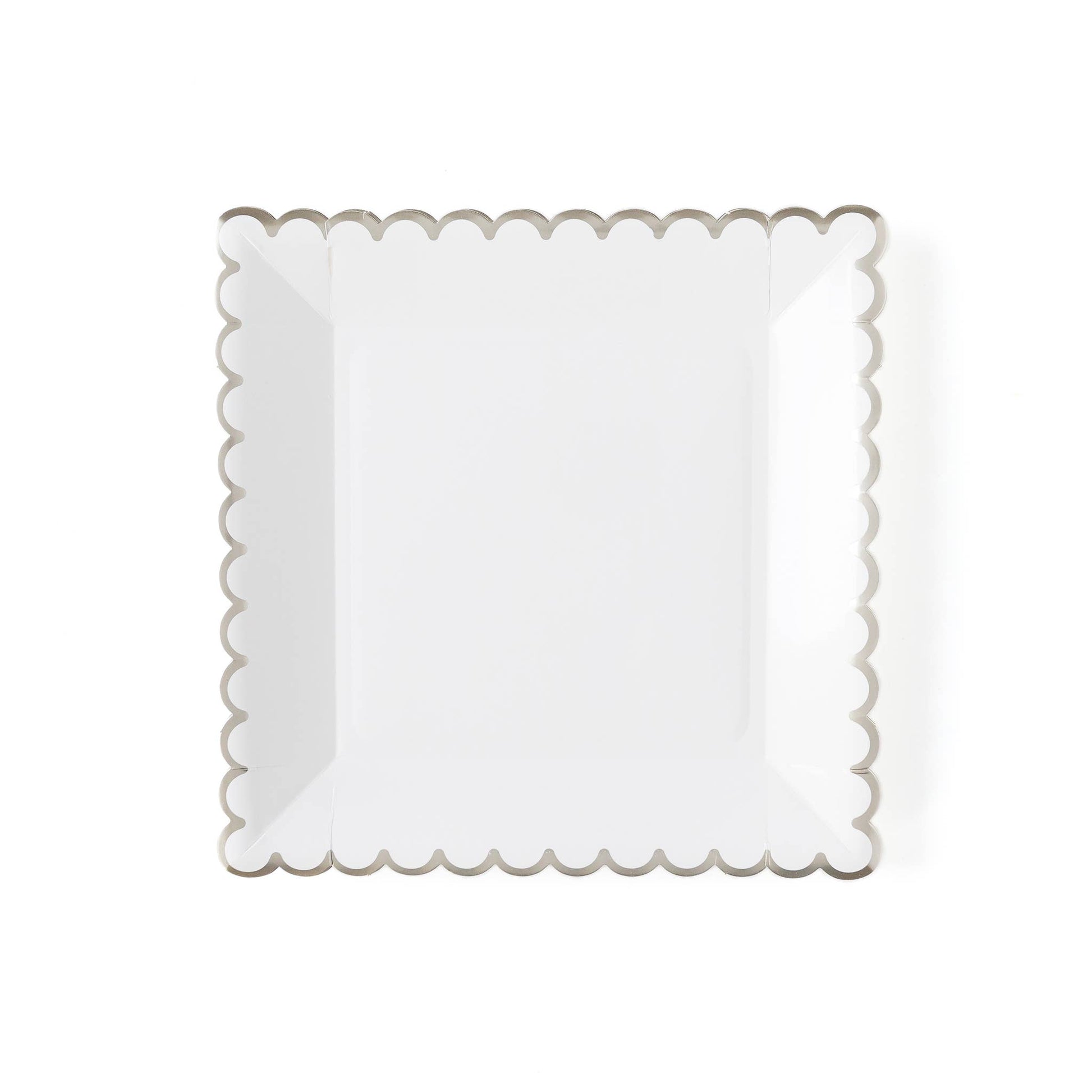 8 x White Scalloped Square Shaper Party Plates with Silver Trim  Measuring 9". Suitable for any event 