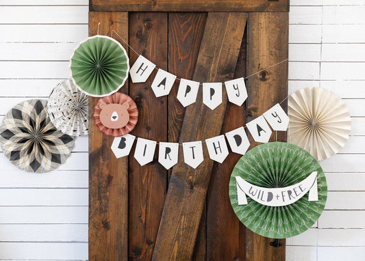 Rugged style Happy Birthday Banner. Individual letters spelling out Happy Birthday. Black and Off White.