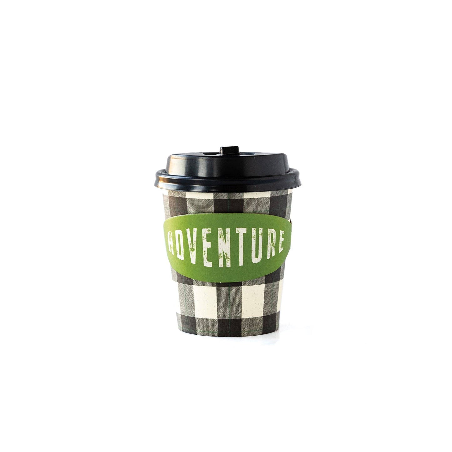 Rustic Balck and White Check Paper cup with green and white writing 'adventure' sleeve. plastic lid included too. Paper go-to paper cups