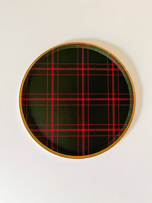 8 x Dark Green and Red Plaid Farmhouse Christmas Paper Plates Measuring 7"