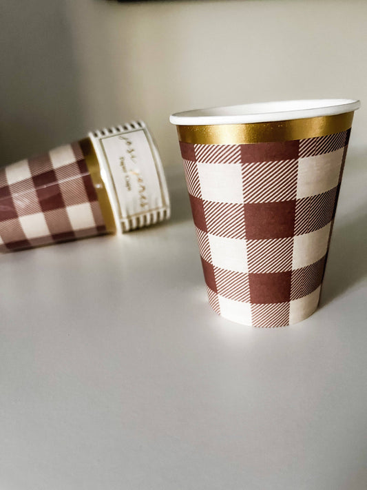 brown-ish plaid paper cups. pack of 8