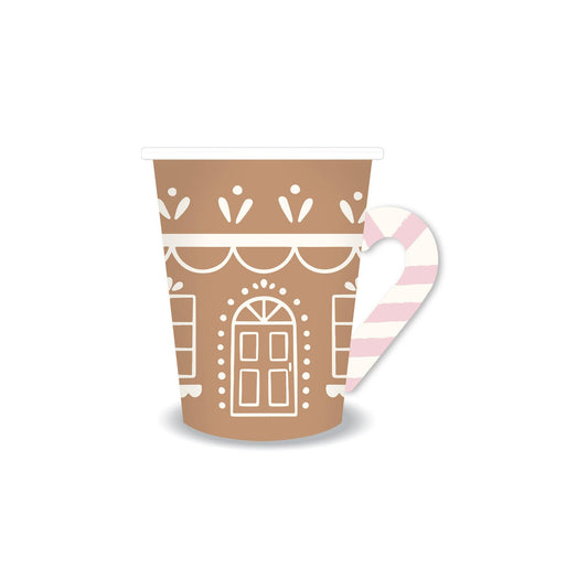 Gingerbread house design cup with pink and white strip paper handle