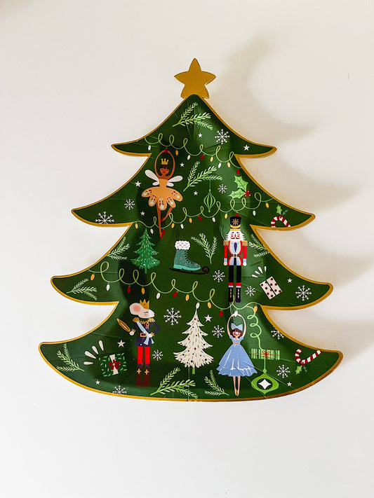 Christmas Tree-shaped party plate with nutcracker theme design