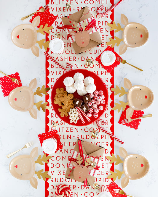 Red and White Reindeer name table runner 