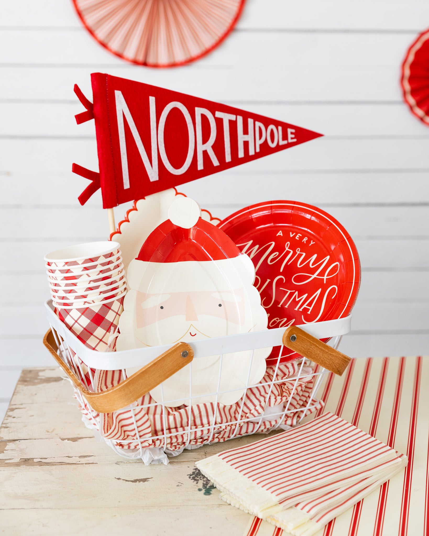 Red Felt pennant with white north pole written on the flag. North Pole pennant.