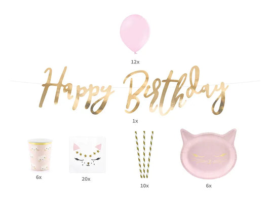Midi Cat Party Party Box with Cat shape paper plates, gold straws, cat design napkin and paper cups, 12 x pink latex balloons and gold paper happy birthday banner