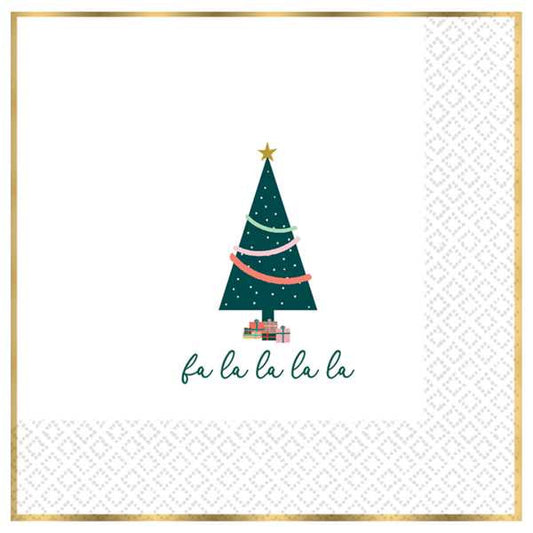 White with gold tree napkin. Christmas tree with presents in the middle with the text 'fala la la la' written in green