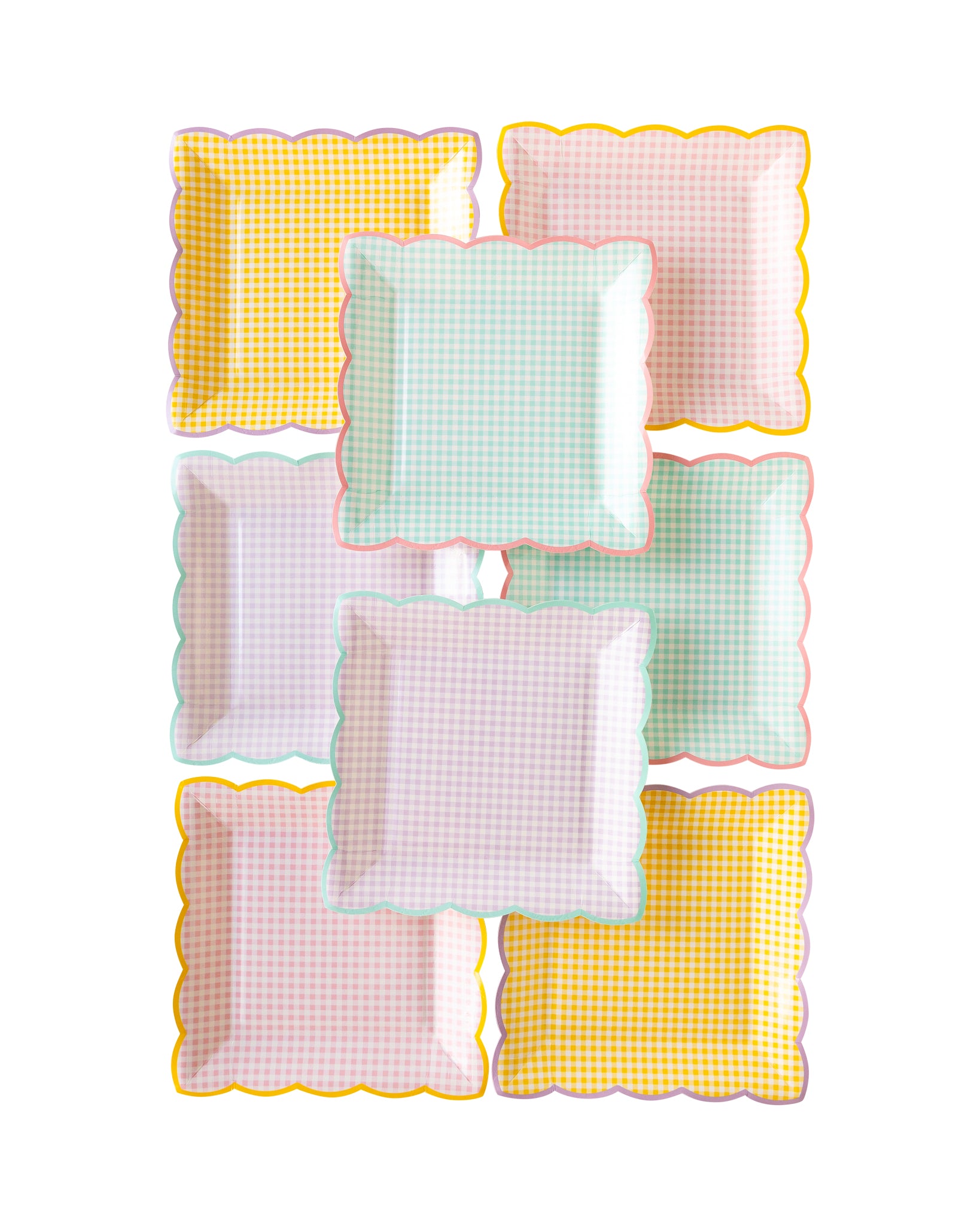 Pastel Gingham Square colour paper plates. Pack of 8 in Yellow, Purple, Green and Pink