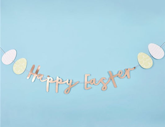 Rose gold Happy Easter Text banner with two pastel colour easter eggs either side. 