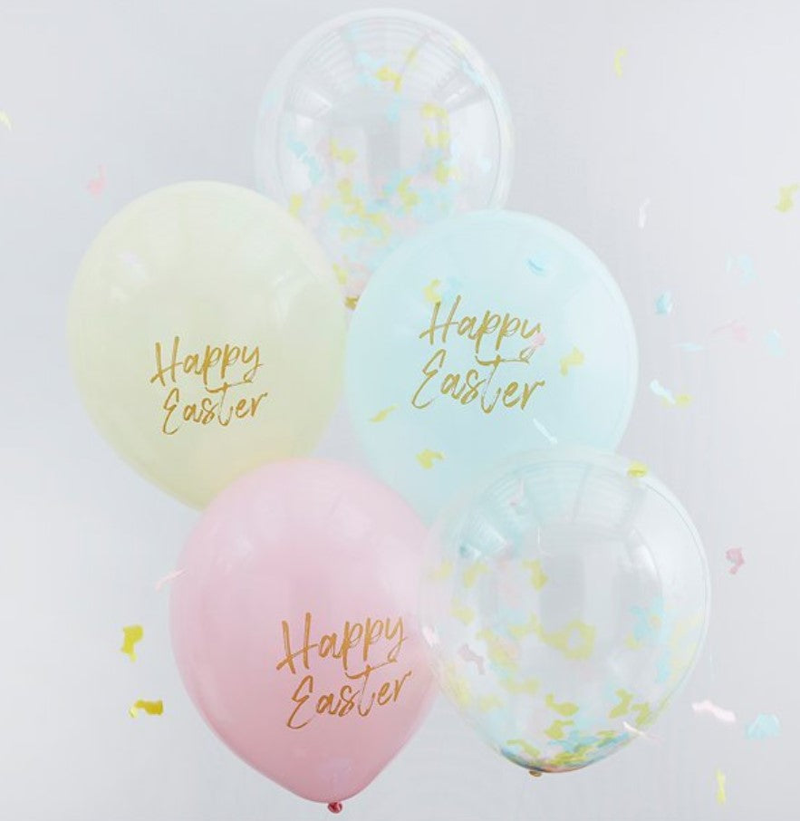 Happy Easter Latex Balloon Set. Set of 5 balloons. 2 confetti filled balloons and 3 solid pastel colours (Yellow, Blue, Pink) with Happy Easter written in handwritting text