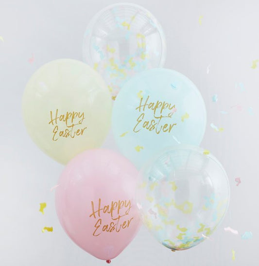Happy Easter Latex Balloon Set. Set of 5 balloons. 2 confetti filled balloons and 3 solid pastel colours (Yellow, Blue, Pink) with Happy Easter written in handwritting text