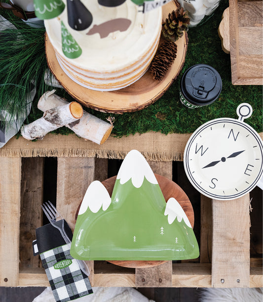 Mountain shaped paper plates. With a green base and white (snow)mountain tops.  Set of 8 per pack Part of the Adventure/ Happy Camper Party