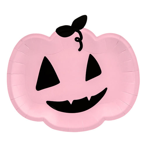 Pink Pumpkin Shape Paper Party Plate with Black eyes, face design. 