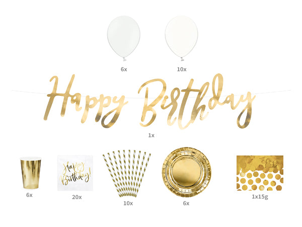 White & Gold Happy Birthday Theme Party Box. Each box has  Happy Birthday (1 piece), paper cups (6 pcs), paper plates (6 pcs), paper straws (10 pcs), paper napkins (20 pcs), confetti (15 g) and latex balloons (Pastel Pure White, 10 pcs and Crystal Clear, 6 pcs).