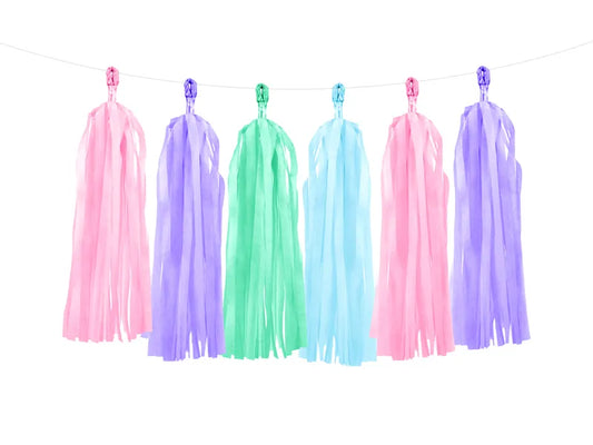 Tassel Garland set on clear twine - colours, pink, violet, green, blue, pink and violet 