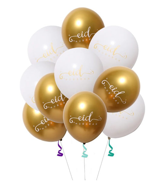 Pearl White & Gold Eid Mubarak Latex Balloons