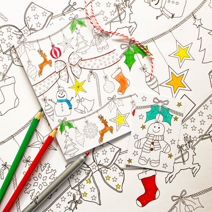 Christmas tags and card. Small christmas designs of snow man, christmas tree, candy canes, reindeer, star, bells, holly leaves. 