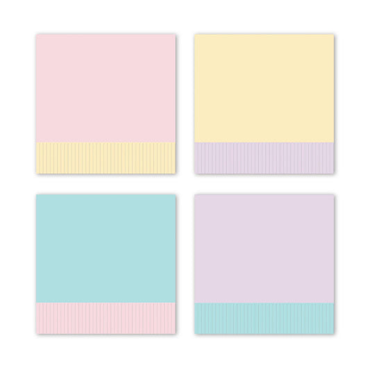 Spring pastel coloured paper napkins with fringe. Colour combinations: Pink with yellow fringe, Yellow with purple fringe, Blue with pink fringe, purple with blue fringe