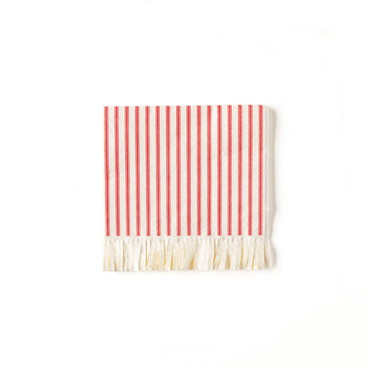 Red and white stripe with fringe accent cocktail napkin, perfect for Christmas or a circus party. 