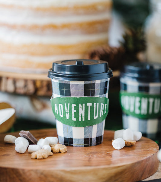 Rustic Balck and White Check Paper cup with green and white writing 'adventure' sleeve. plastic lid included too. Paper go-to paper cups