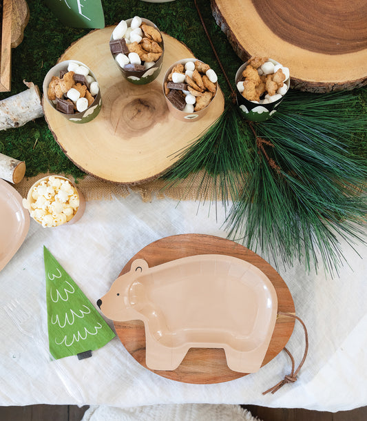 brown Bear shaped paper plate with tree shaped napkin. Part of the adventure/ happy camper party collection.