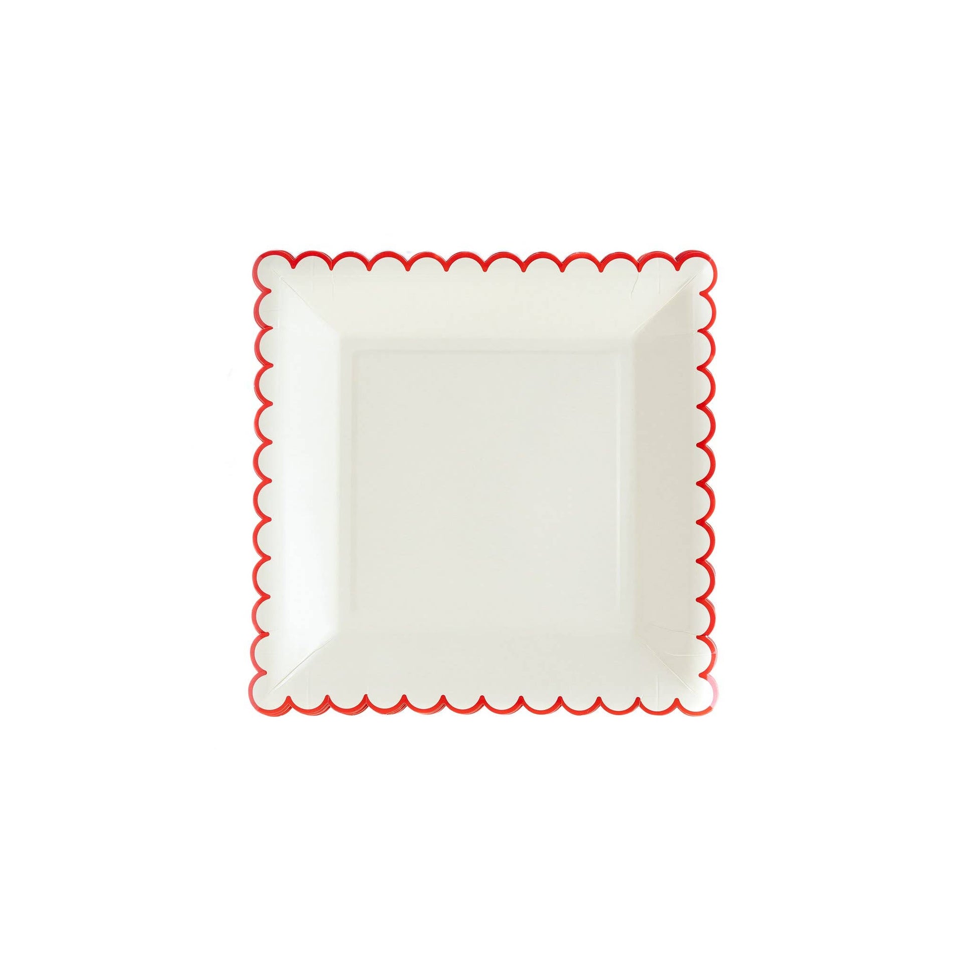 White 9"square Paper plate with red trim.