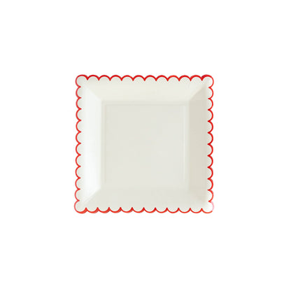 White 9"square Paper plate with red trim.