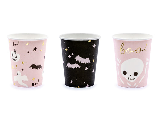 Set of 6 Pink and Black Halloween Paper Cups. 3x Pink Cups with pumpkin, ghost, bats and stars design. 3 x black cups with stars and bats design