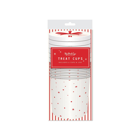 4 inch treat cups with matching lid design. White base with red stars and red dots. Believe in Magic Christmas party product theme.