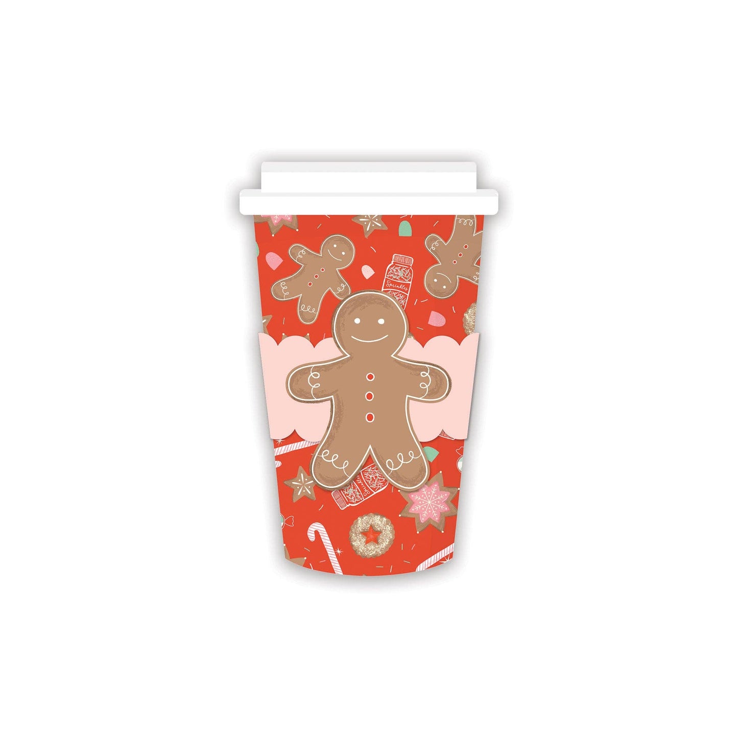 Gingerbread man design to-go party cups with matching design sleeve and cups. Pack of 8. Featured in the gingerbread bliss collection 