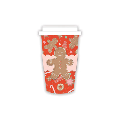 Gingerbread man design to-go party cups with matching design sleeve and cups. Pack of 8. Featured in the gingerbread bliss collection 