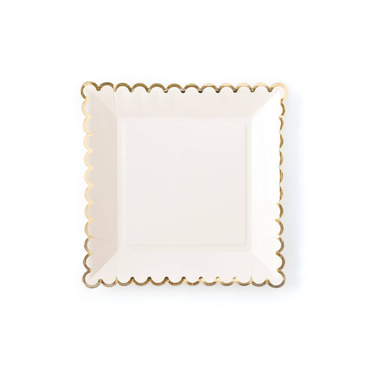 Cream and Gold Trim Scallop Square Paper Plate